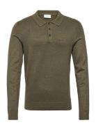 Long Sleeve Knitted Poloshirt Tops Knitwear Long Sleeve Knitted Polos Khaki Green Lindbergh