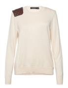 Faux-Leather-Trim Cotton-Blend Sweater Tops Knitwear Jumpers Beige Lauren Ralph Lauren