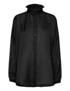 Ruffled-Collar Silk-Blend Tunic Tops Blouses Long-sleeved Black Polo Ralph Lauren