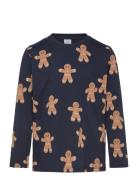 Top Ls Gingerbread Aop Tops T-shirts Long-sleeved T-Skjorte Navy Lindex