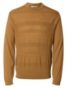 Slhtray Ls Knit Merino Crochet Crewneck Tops Knitwear Round Necks Beige Selected Homme