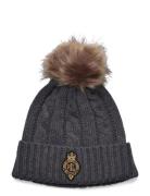 Crest-Patch Pom-Pom Cable-Knit Beanie Accessories Headwear Beanies Grey Lauren Ralph Lauren