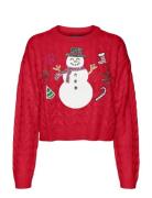 Vmsnowman Cable Ls Short Pullover Xmas Tops Knitwear Jumpers Red Vero Moda