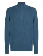 Herringb Structure Zip Mock Tops Knitwear Half Zip Jumpers Blue Tommy Hilfiger