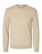 Slhtray Ls Knit Merino Crew Neck Noos Tops Knitwear Long Sleeve Knitted Polos Beige Selected Homme