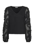 3D Floral Sleeve V-Neck Top Bluse Langærmet Black Bubbleroom