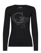 Ls Rn Guess Studded Logo Tee Tops T-shirts & Tops Long-sleeved Black GUESS Jeans