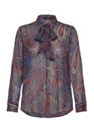 Classic Fit Print Chiffon Tie-Neck Shirt Tops Shirts Long-sleeved Navy Lauren Ralph Lauren