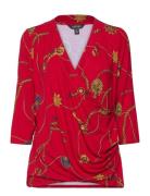 Belting-Print Jersey Surplice Top Tops T-shirts & Tops Long-sleeved Red Lauren Women