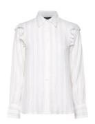 Jacquard Weave Ruffle Blouse Tops Blouses Long-sleeved White Lexington Clothing