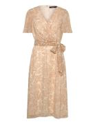 Floral Belted Crinkle Georgette Dress Knælang Kjole Beige Lauren Ralph Lauren