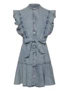 Belted Denim Flutter-Sleeve Shirtdress Kort Kjole Blue Lauren Ralph Lauren