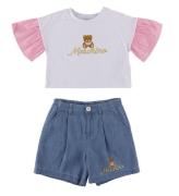 Moschino T-Shirt/Denimshorts - Hvid/BlÃ¥ m. Logo/Guld